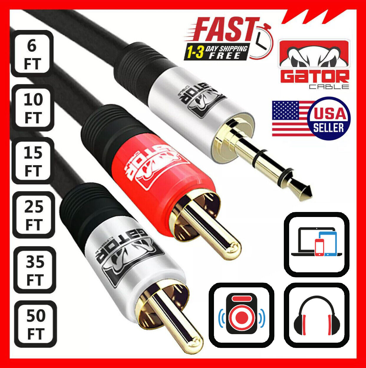 AUX Auxiliary 3.5mm Audio Male to 2 RCA Y Male Stereo Cable Cord Wire Plug Gator Cable AUX-3.5MM-To-2RCA-Cable