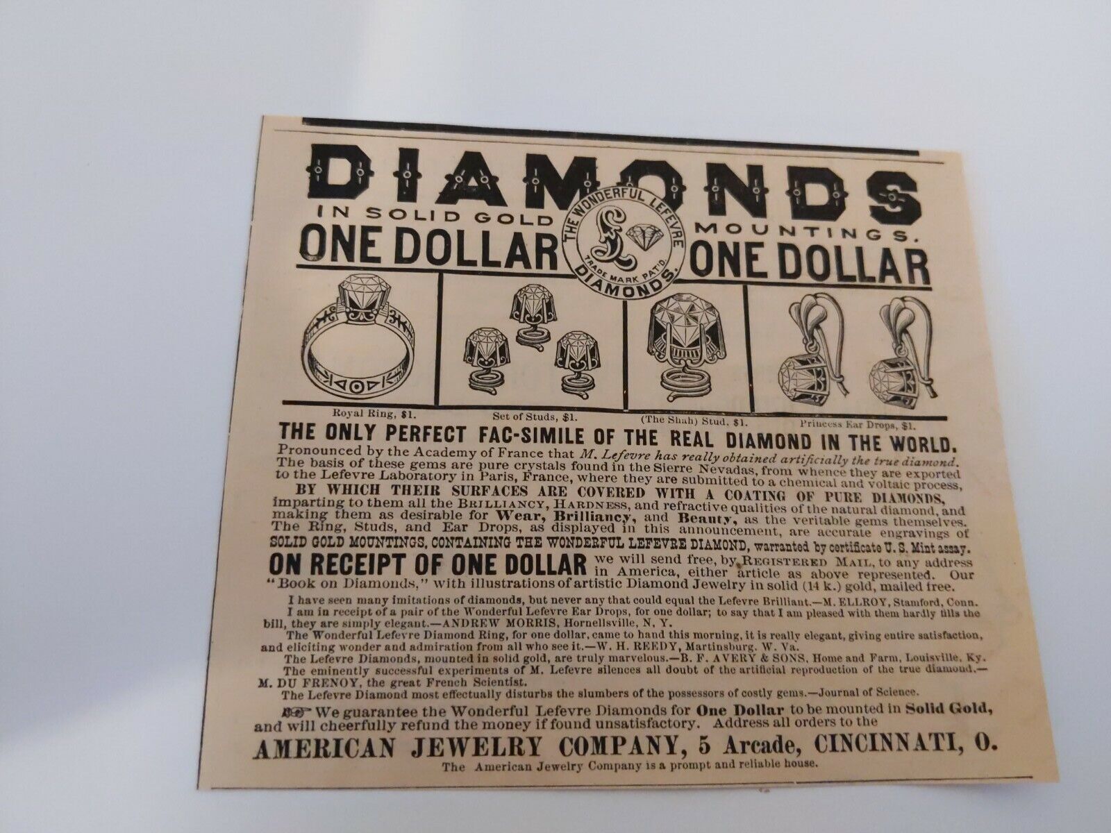 Original 1870s Synthetic Artificial Facsimile Diamond Print Ad Cincinnati France Без бренда