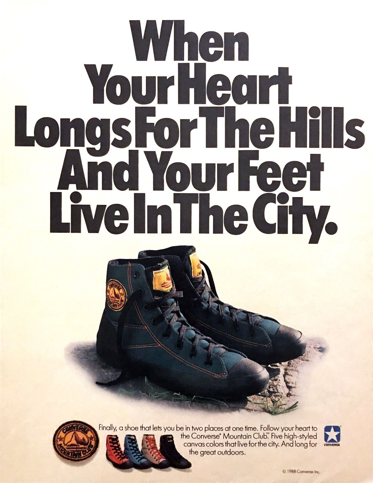 1988 Converse Mountain Club Canvas Shoes photo "For The City & Hills" print ad Converse
