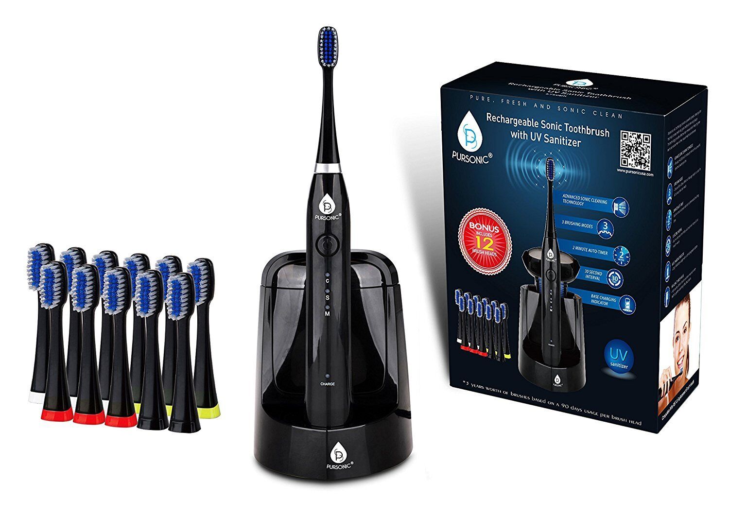Pursonic S750 Sonic Toothbrush W UV Sanitizing Function & 12 Brush Heads, Black PURSONIC S750WH
