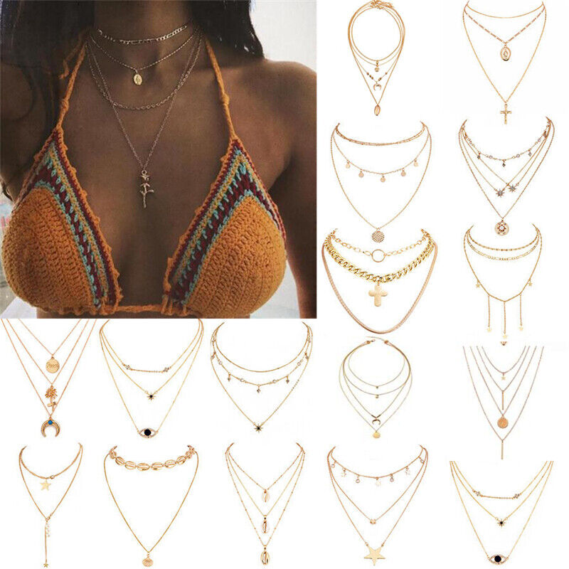Boho Women Multi-layer Long Chain Pendant Crystal Choker Necklace Jewelry Gift Unbranded - фотография #2