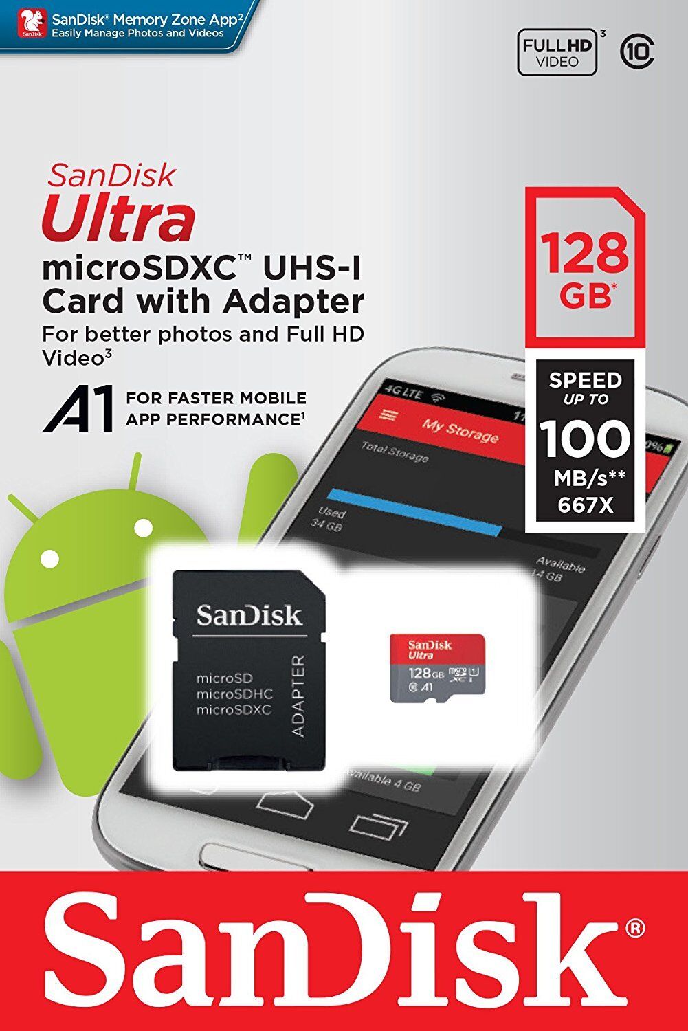 SanDisk 128GB micro SD SDXC Card 100MB/s Ultra 128G Class 10 UHS-1 A1 SanDisk SDSQUAR-128G-GN6MA