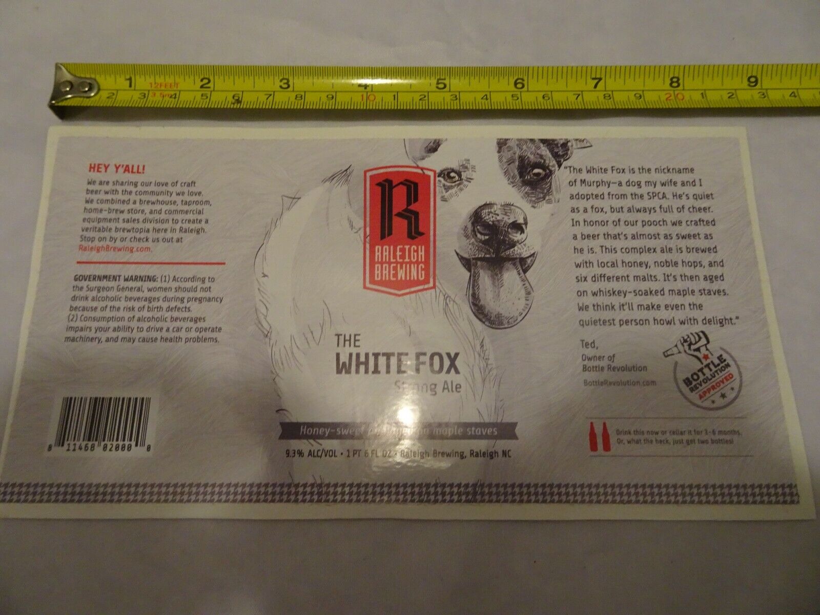 Raleigh Brewing Co. brewery Unused White Fox Ale Label Sticker Без бренда