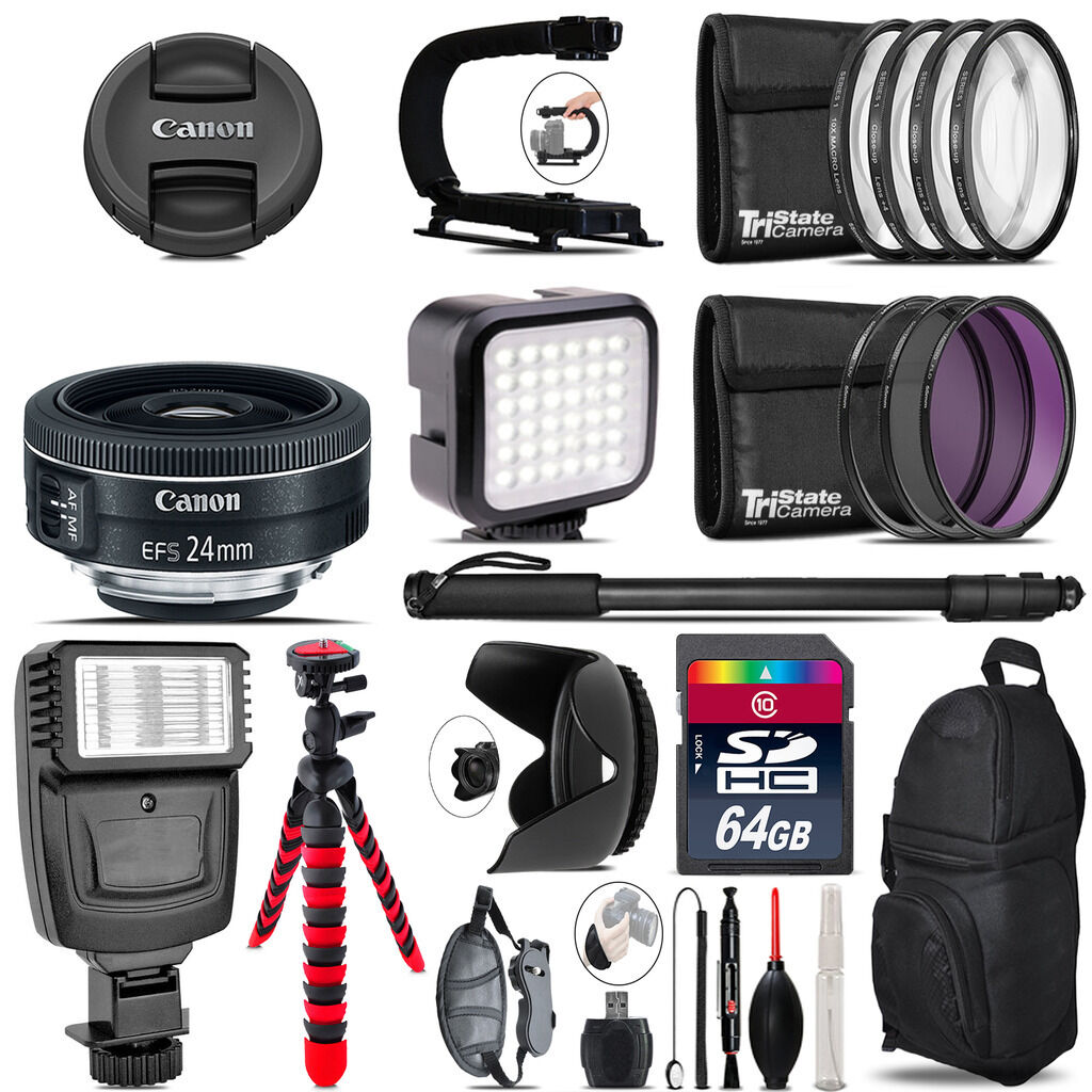 Canon EF-S 24mm f/2.8 STM Lens - Video Kit +  Flash - 64GB Accessory Bundle Canon Does Not Apply
