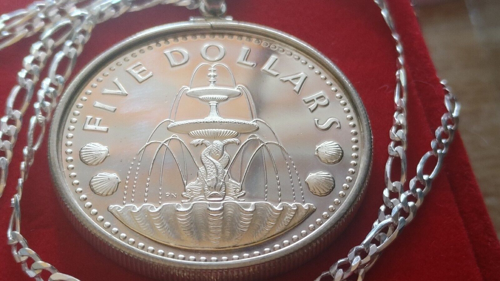 1973 Barbados Silver Wishing Well Cascading Fountain Coin Pendant 28" Chain Everymagicalday