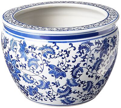 Oriental Furniture 12" Floral Blue & White Porcelain Fishbowl 12" Diameter Red Lantern BW-12FISH-BWFL