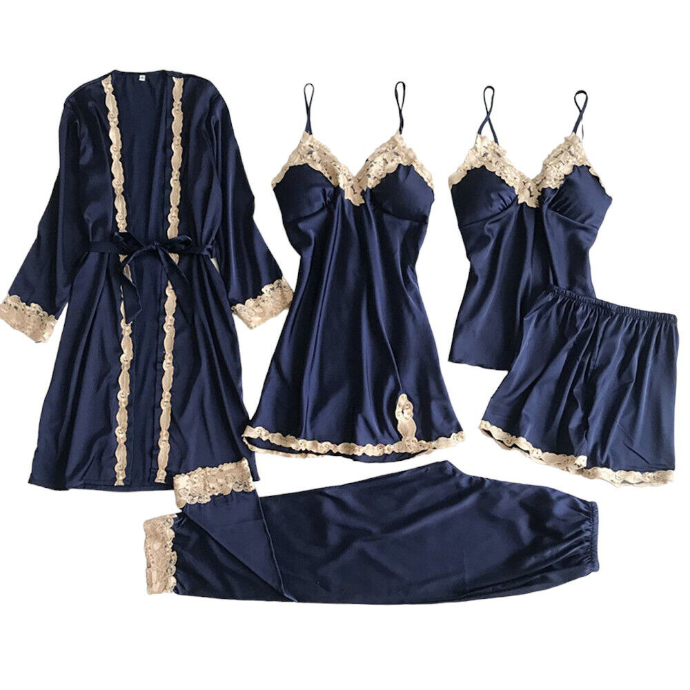 5pcs Women Satin Silk Bathrobe Nightdress Shorts Pajamas Sleepwear Lingeries Set Unbranded Does Not Apply - фотография #15