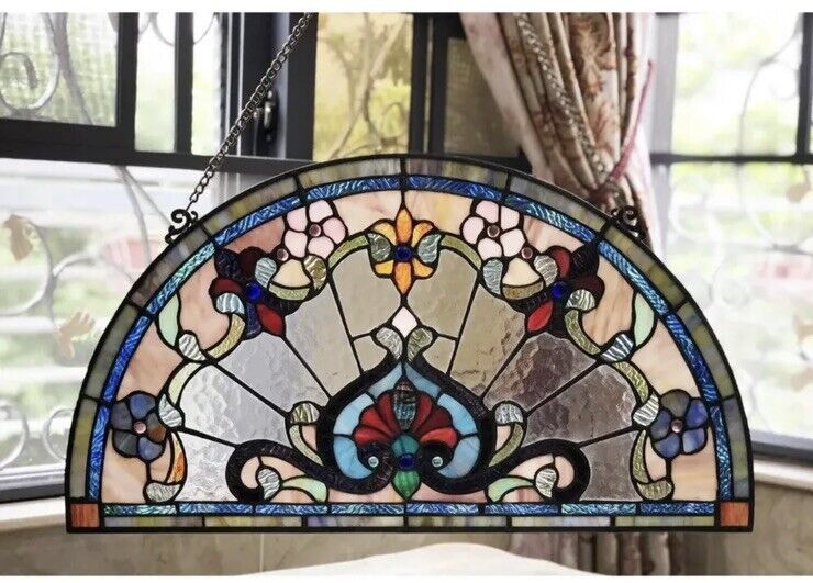 24”x13”  Tiffany Style Stained Glass Semi Circle Window Panel Suncatcher Chloe Lighting