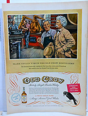 Vintage 1951 magazine ad for Old Crow Whiskey - Mark Twain visits distillery Old Crow