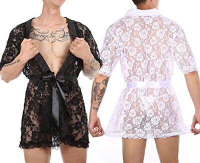 Men Sexy Lace Bathrobe Floral Mesh Lingerie Transparent Belted XX-Large White Does not apply Does Not Apply - фотография #8