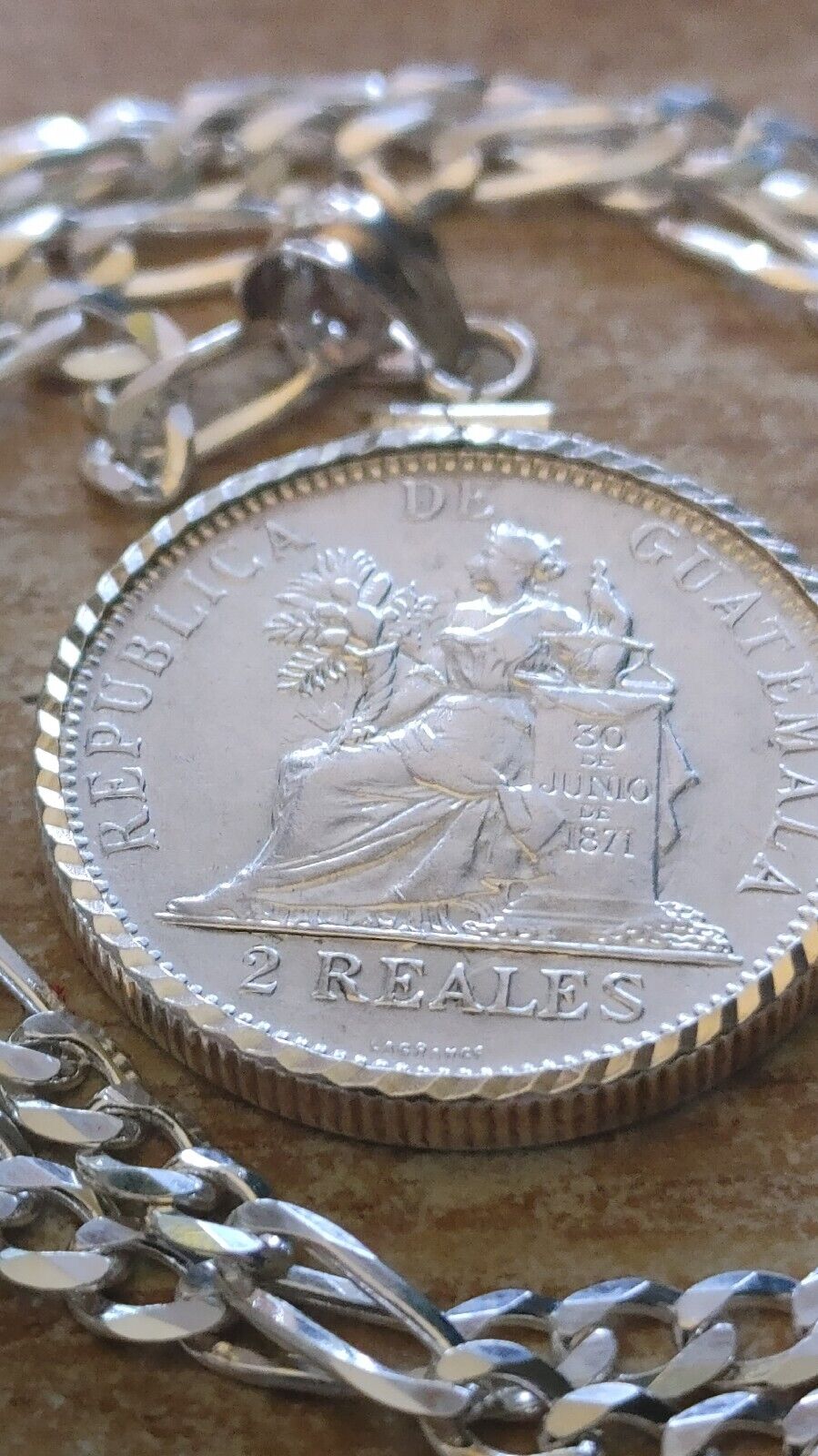 1894 Guatemala Muskets Scales of Justice 2 REALES Pendant  18" 925 SILVER CHAIN Everymagicalday