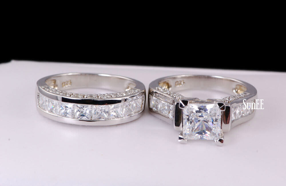 Real 925 Simulated Diamond Princess Cut Wedding Engagement Bridal Set SunEE Jewelry - фотография #4