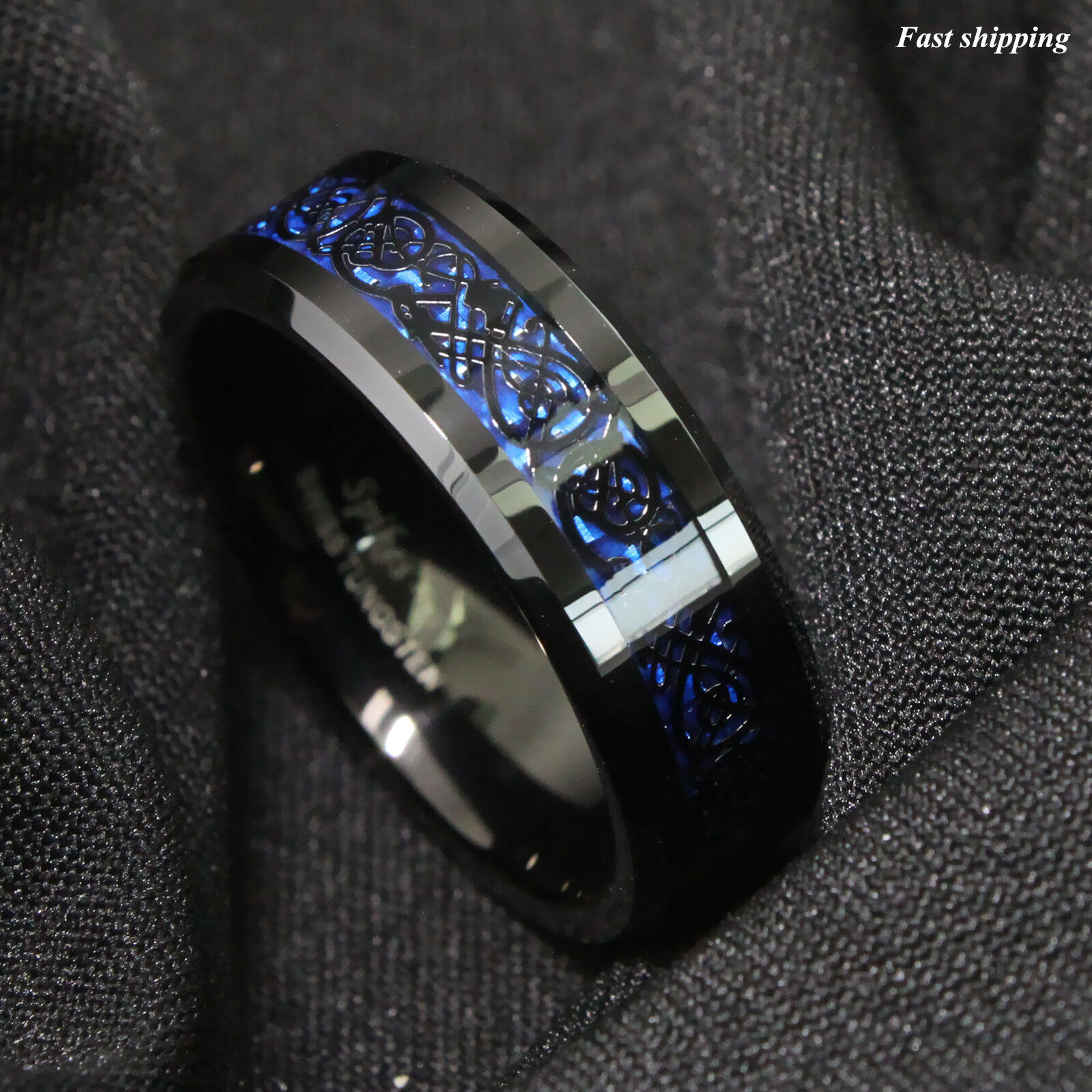 8/6mm Tungsten Carbide Ring Black Celtic Dragon Blue carbon fibre ATOP Jewelry ATOP - фотография #5