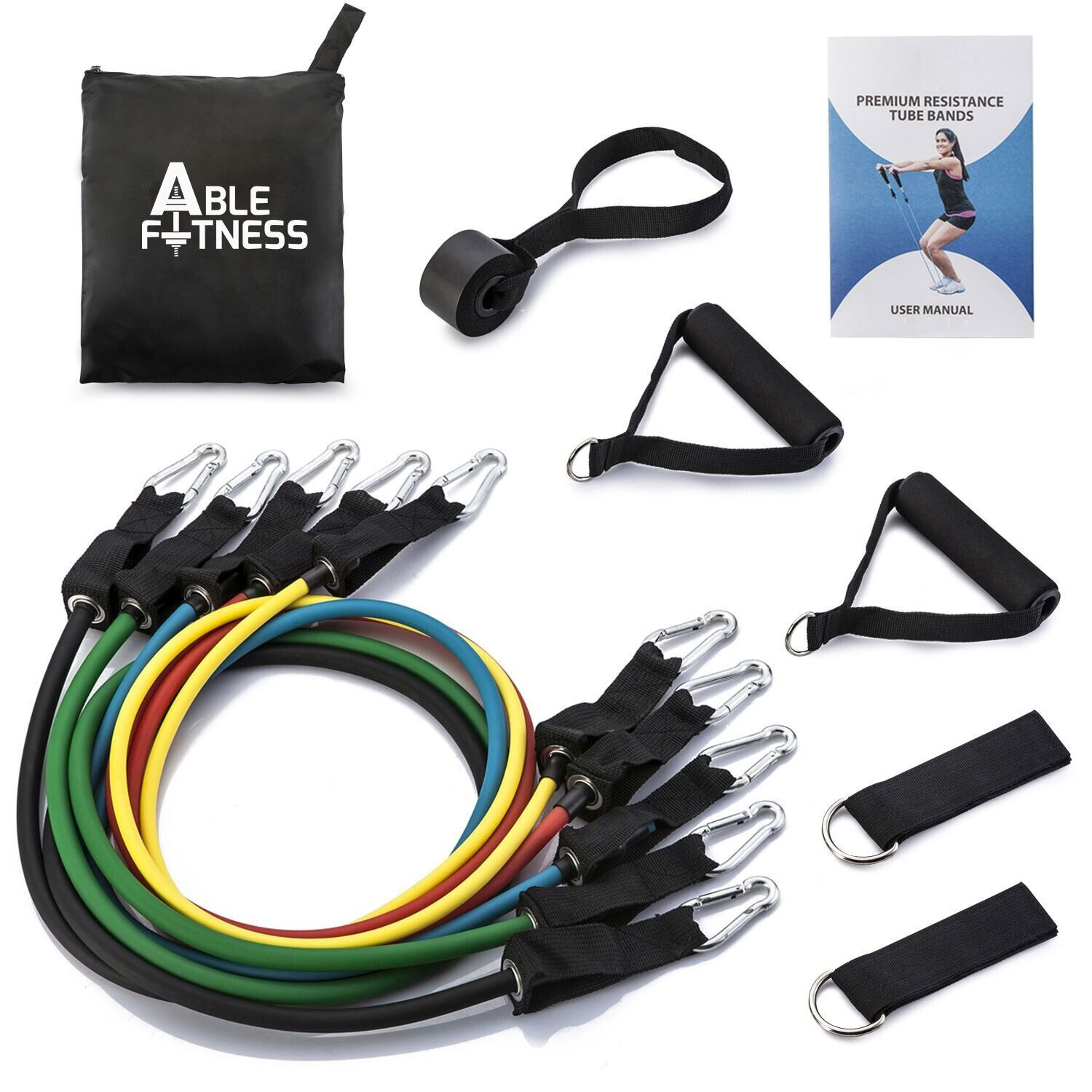 5 EXERCISE RESISTANCE BANDS CORDS 100 LBS SET YOGA PILATES WORKOUT FITNESS able fitness able-5bands