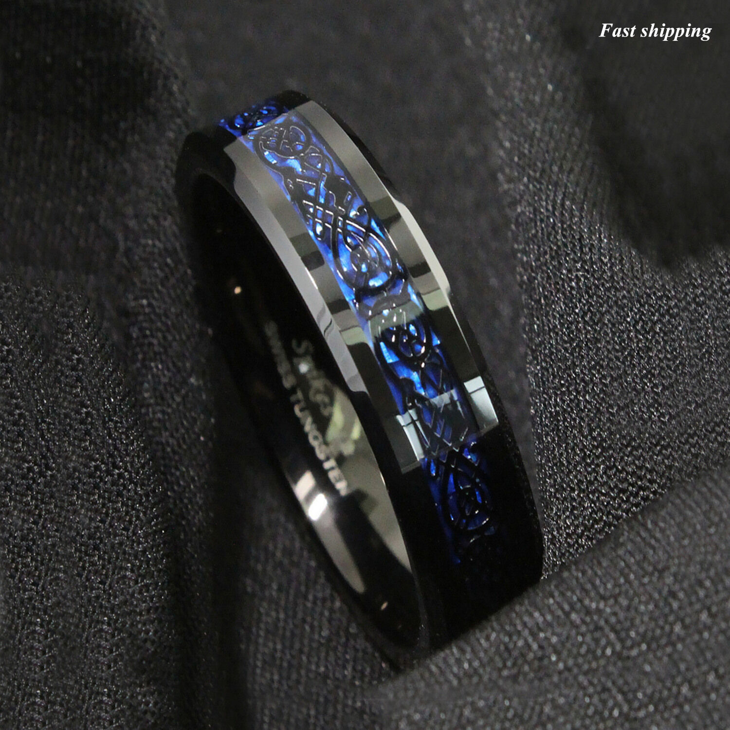8/6mm Tungsten Carbide Ring Black Celtic Dragon Blue carbon fibre ATOP Jewelry ATOP - фотография #7