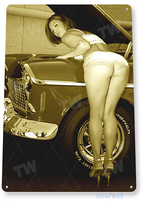 TIN SIGN Work Heels Pin-Up Hot Rod Girl Auto Shop Garage Cave A010 Tinworld A010