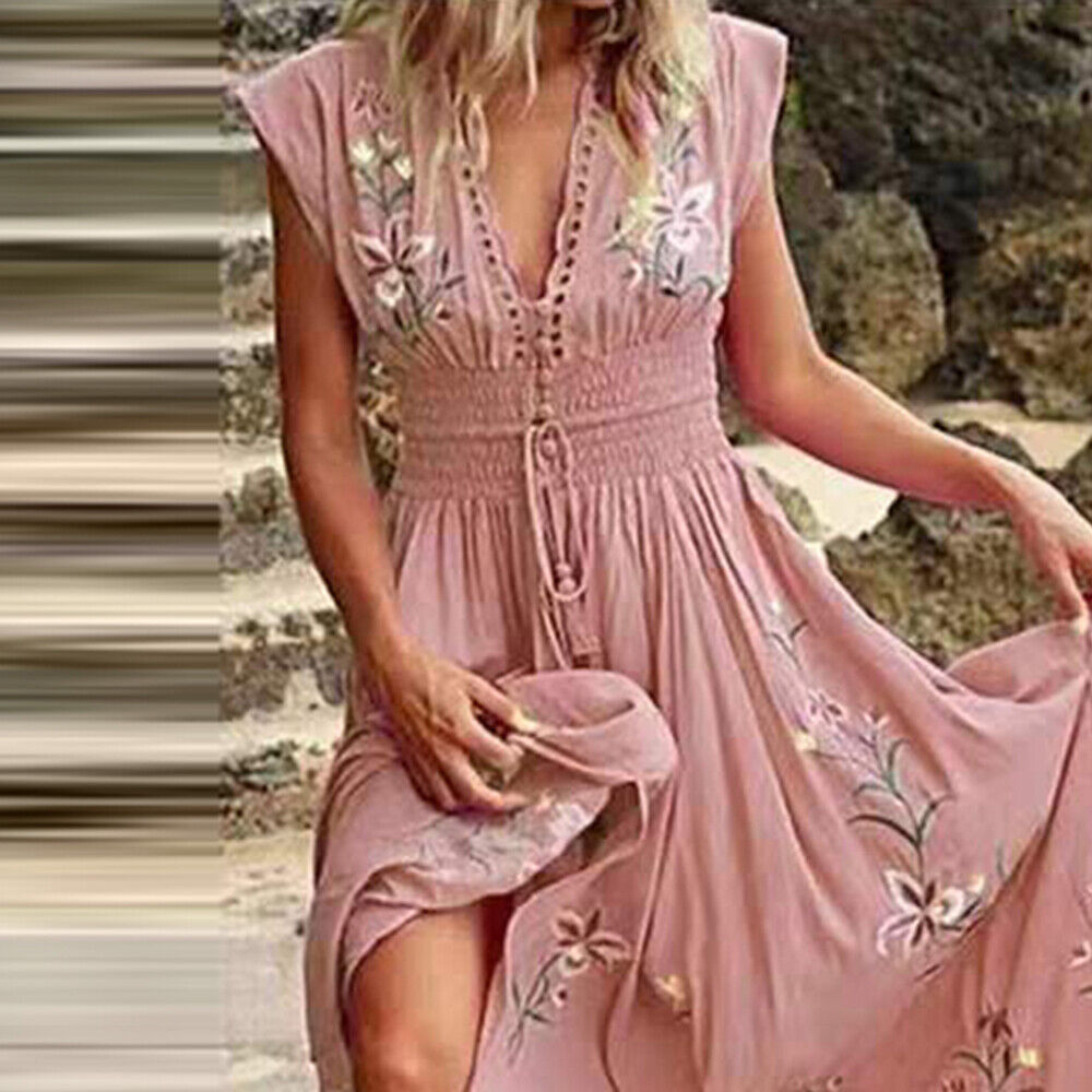 Womens Boho Floral Maxi Dress Ladies V Neck Summer Beach Holiday Long Sundress Unbranded Does Not Apply - фотография #4
