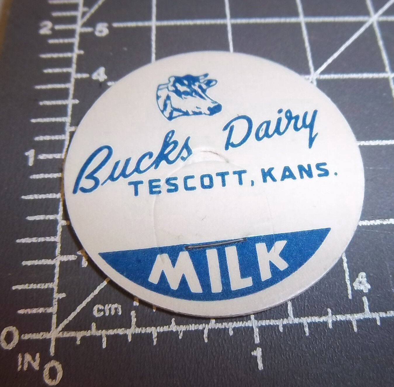 Milk Bottle Cap from Bucks Dairy, Tescott Kansas, great Cow graphic, Milk milk cap