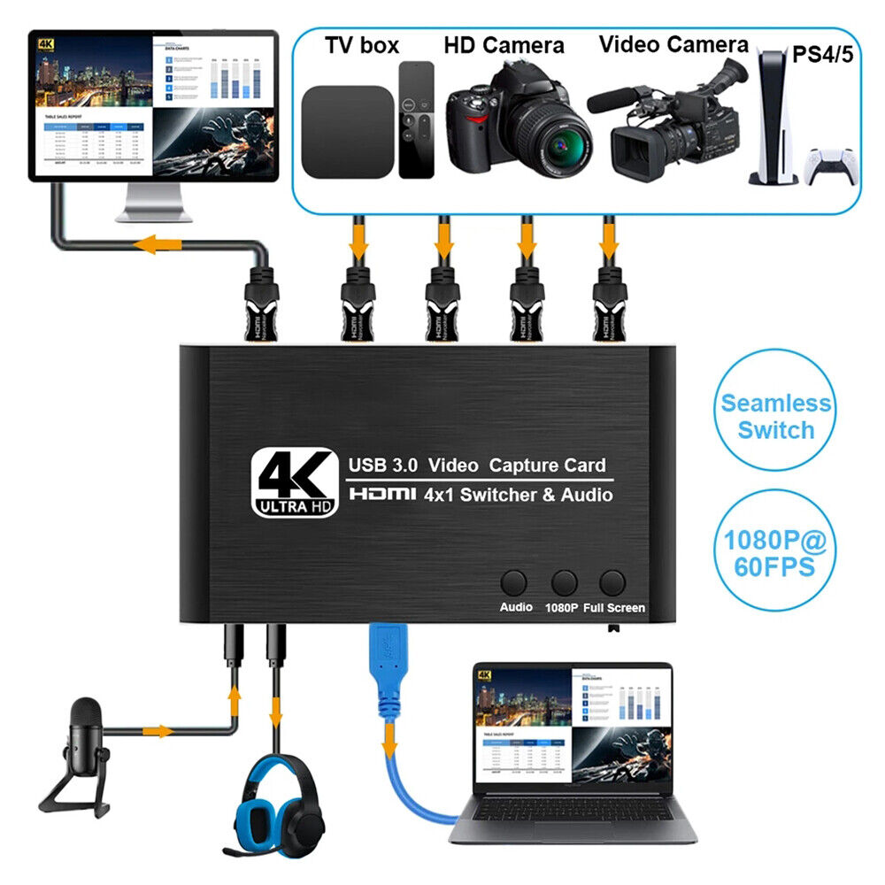 4 Port 4K Video Capture Card Audio USB 3.0 HDMI-compatible 4X1 Switcher Remote Unbranded - фотография #16