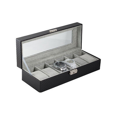 6 Slot Carbon Fiber Watch Box Display Case Jewelry Organizer Case Holder - Black Plixio Does Not Apply - фотография #4