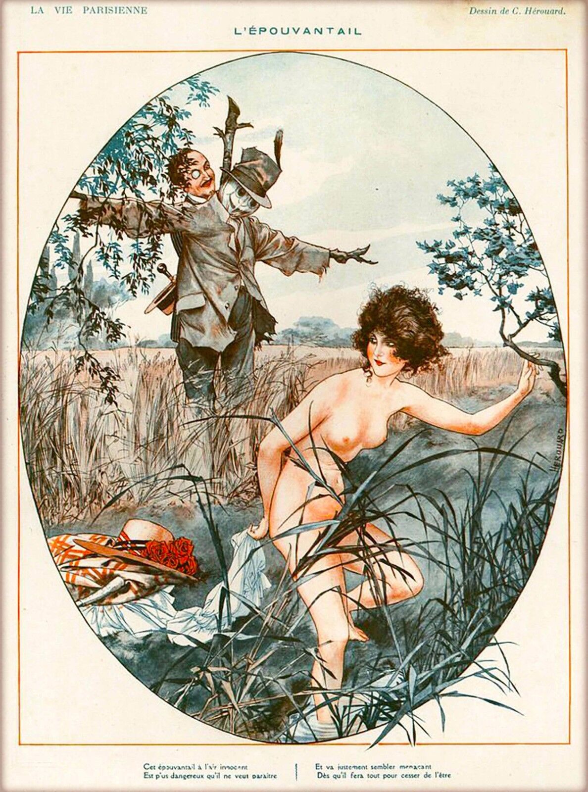 1920s La Vie Parisienne L'epouvantail Spy Nude Girl France French Travel Poster  Без бренда
