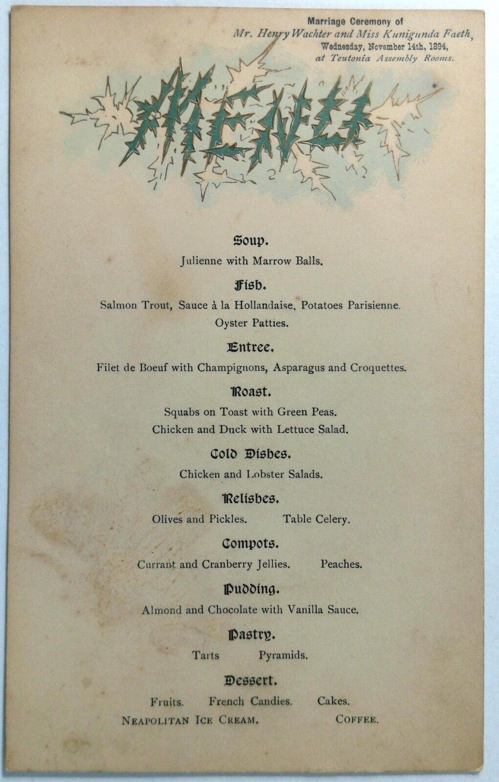 1894 Vintage Menu TEUTONIA ASSEMBLY ROOMS Restaurant New York Wachter & Faeth Без бренда