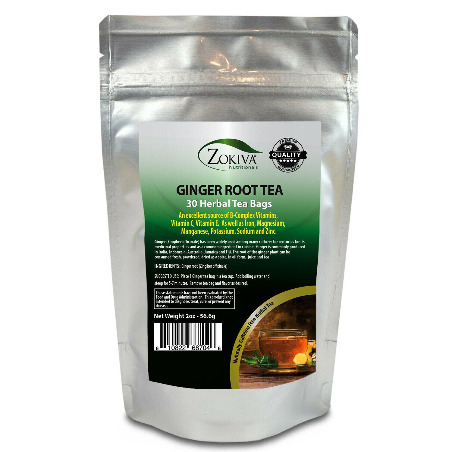 Ginger Tea Bags (30 bags) All-Natural Herbal Tea - Premium Root & Caffeine-free Zokiva Nutritionals ZOKIVA-GINGER-TEA