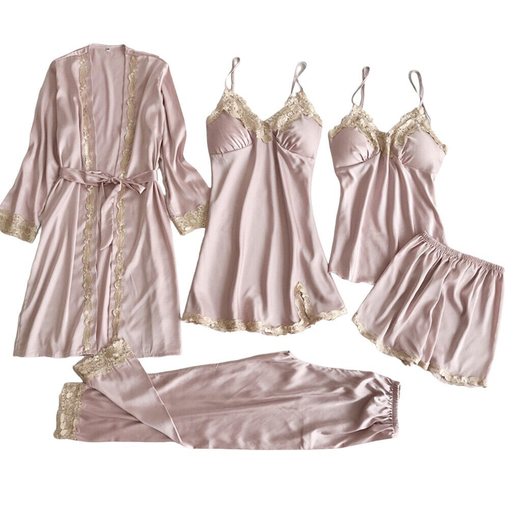 5pcs Women Satin Silk Bathrobe Nightdress Shorts Pajamas Sleepwear Lingeries Set Unbranded Does Not Apply - фотография #17