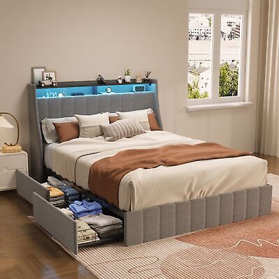 Queen for extra storage space size LED bed frame with winged headboard design Unbranded - фотография #2