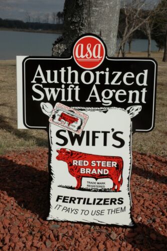 OLD STYLE LRG SWIFT'S RED LABEL FERTILIZER FARM DAIRY STEEL SIGN USA MADE SUPER! Без бренда