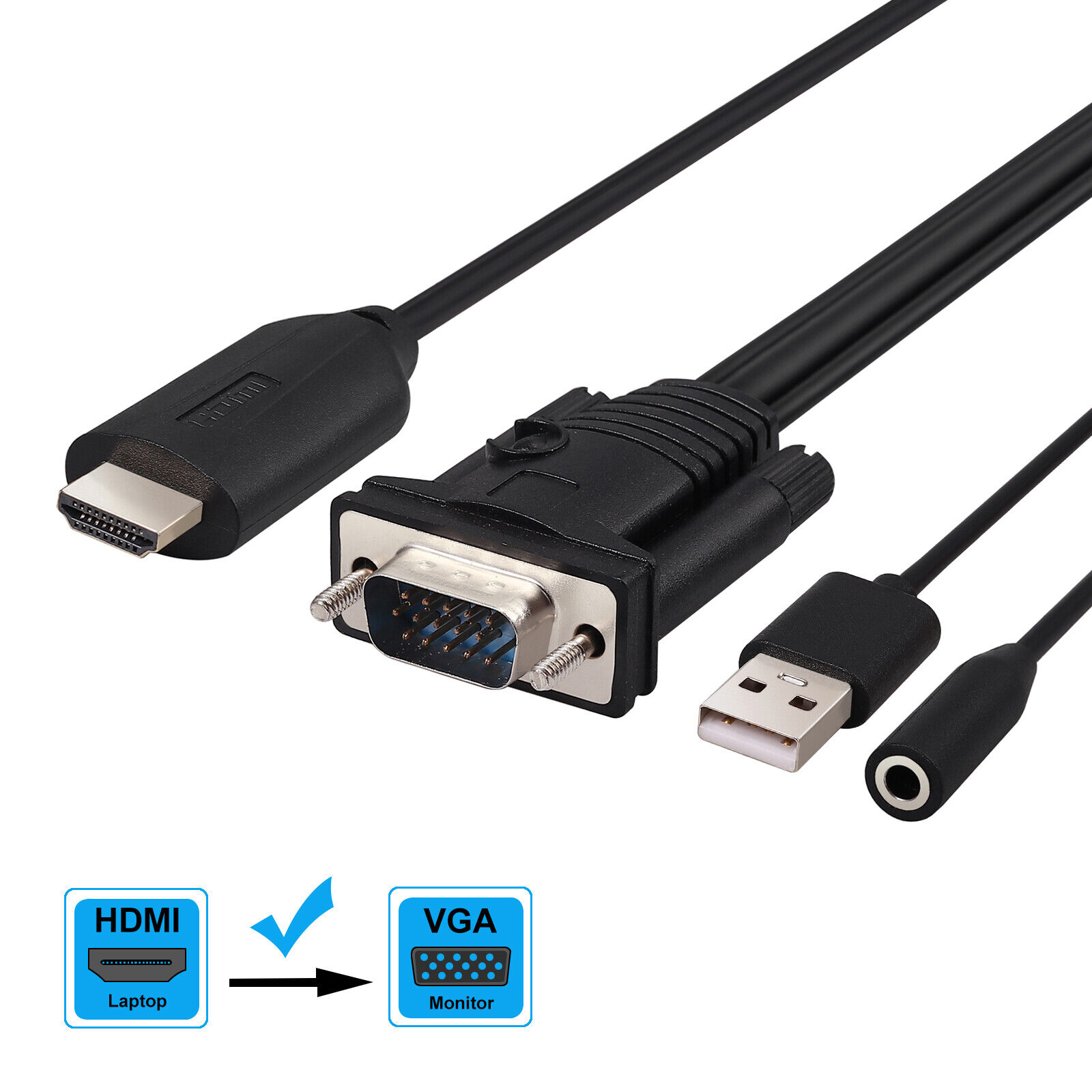HDMI to VGA Converter 1080P Adapter w/ Female 3.5mm Audio Cable Cord For Xbox TV Unbranded Does Not Apply