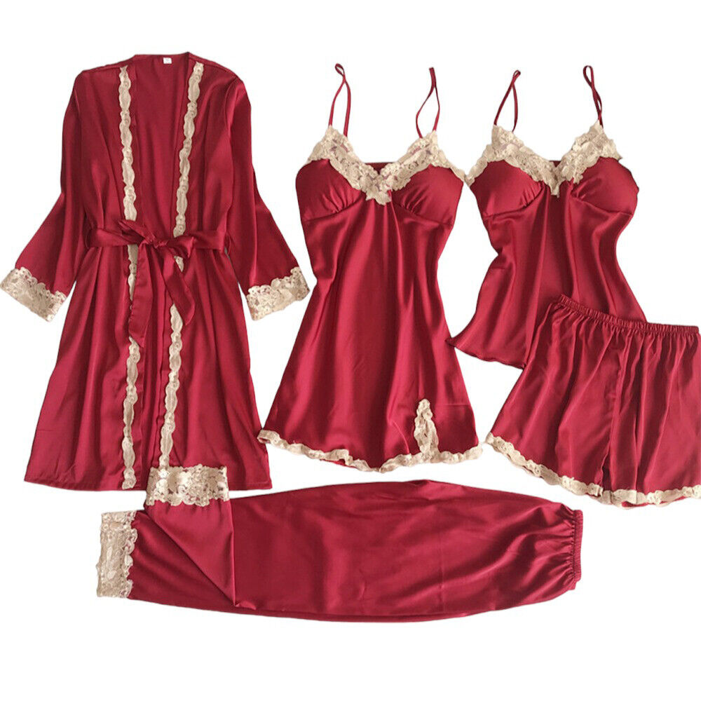 5pcs Women Satin Silk Bathrobe Nightdress Shorts Pajamas Sleepwear Lingeries Set Unbranded Does Not Apply - фотография #16