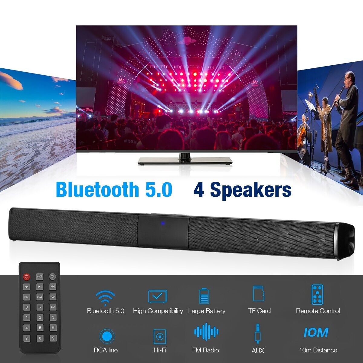 Surround Sound Bar 4 Speaker System Wireless BT Subwoofer TV Home Theater&Remote Unbranded A002761