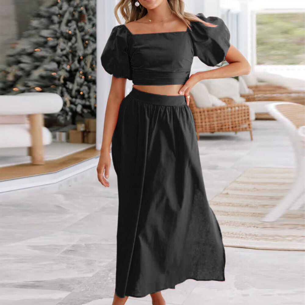2Pcs Womens Boho Short Sleeve Crop Tops Long Dress Suit Holiday Beach Dress Set Unbranded Does Not Apply - фотография #6