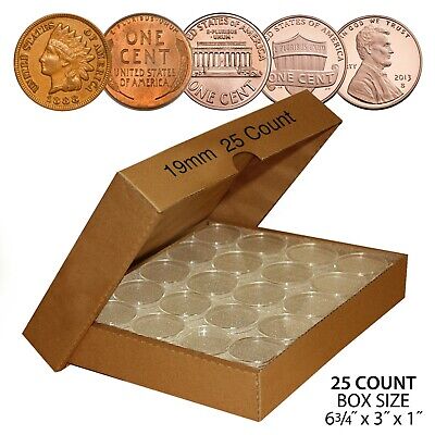 PENNY Direct-Fit Airtight A19 MM Coin Capsule Holders For PENNIES (QTY 25) w/BOX made in usa