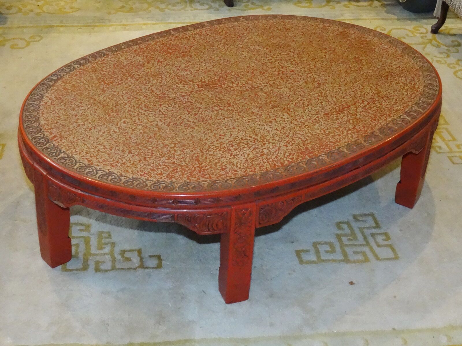 ANTIQUE LATE 19 c. CHINESE LACQUER INTRICATE CARVED CINNABAR COFFEE TABLE Без бренда
