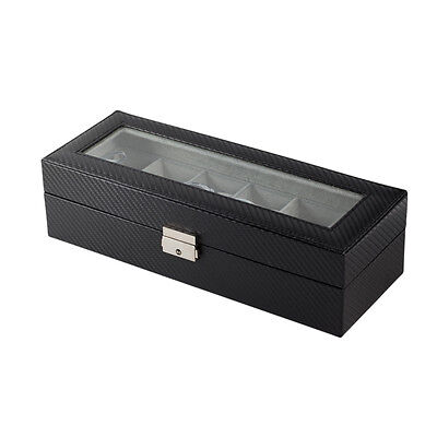 6 Slot Carbon Fiber Watch Box Display Case Jewelry Organizer Case Holder - Black Plixio Does Not Apply - фотография #8