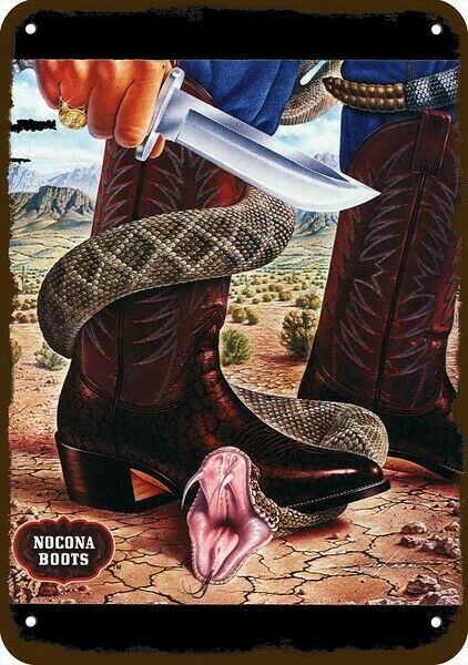 1979 NOCONA BOOTS Cowboy & Rattlesnake VintageLook DECORATIVE REPLICA METAL SIGN Без бренда