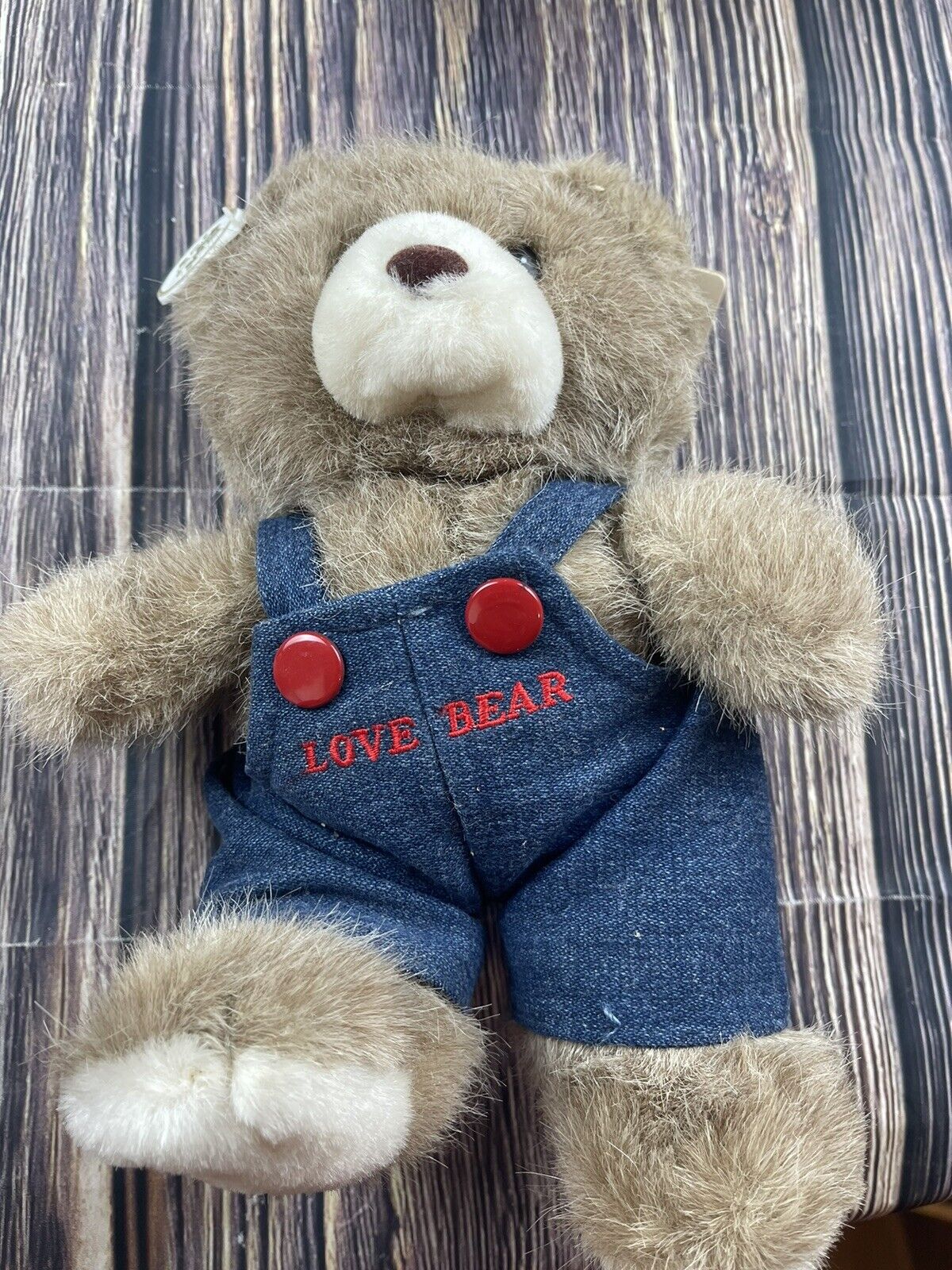 Vintage Russ Berrie Love Bear 9" Plush Jean Denim Bib Overalls Caress Soft Pets Russ Berrie 328