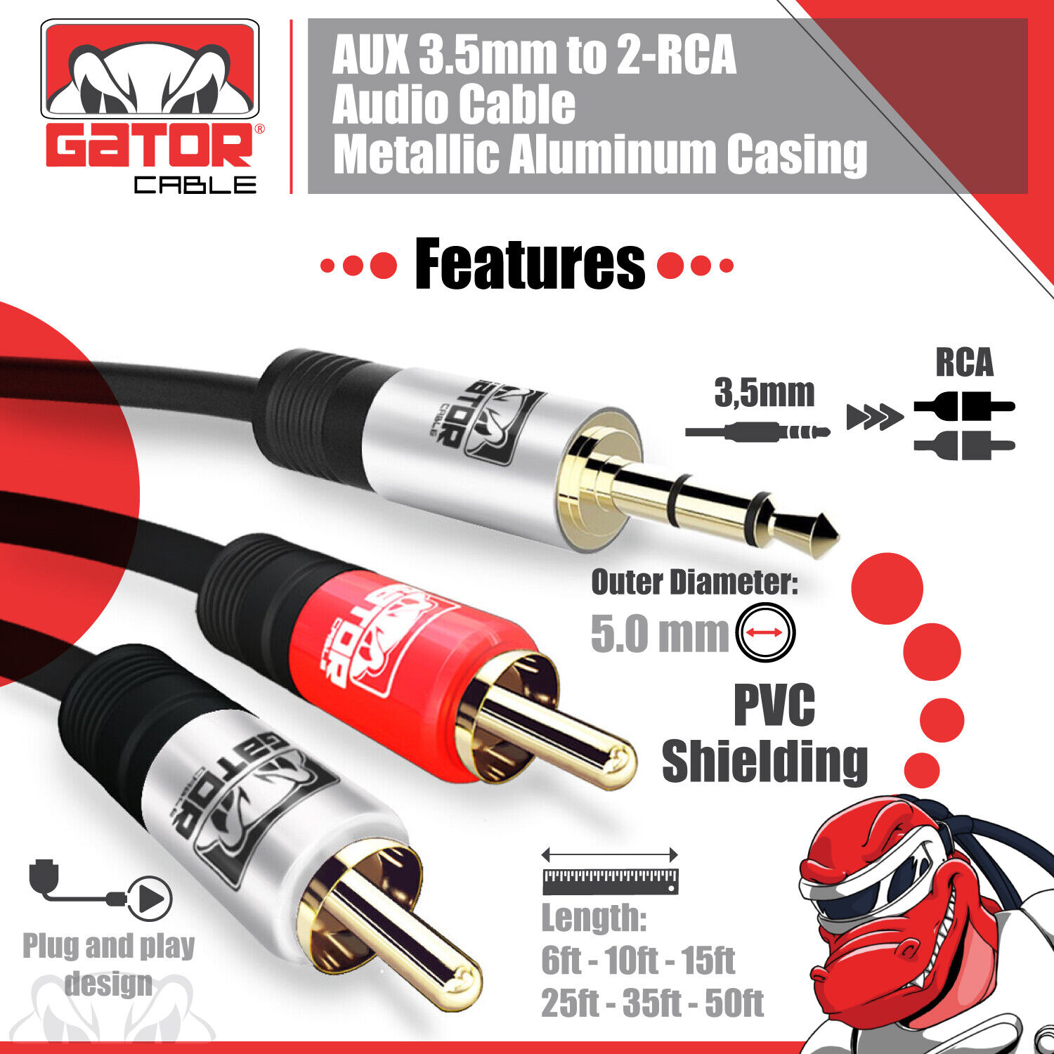 AUX Auxiliary 3.5mm Audio Male to 2 RCA Y Male Stereo Cable Cord Wire Plug Gator Cable AUX-3.5MM-To-2RCA-Cable - фотография #2