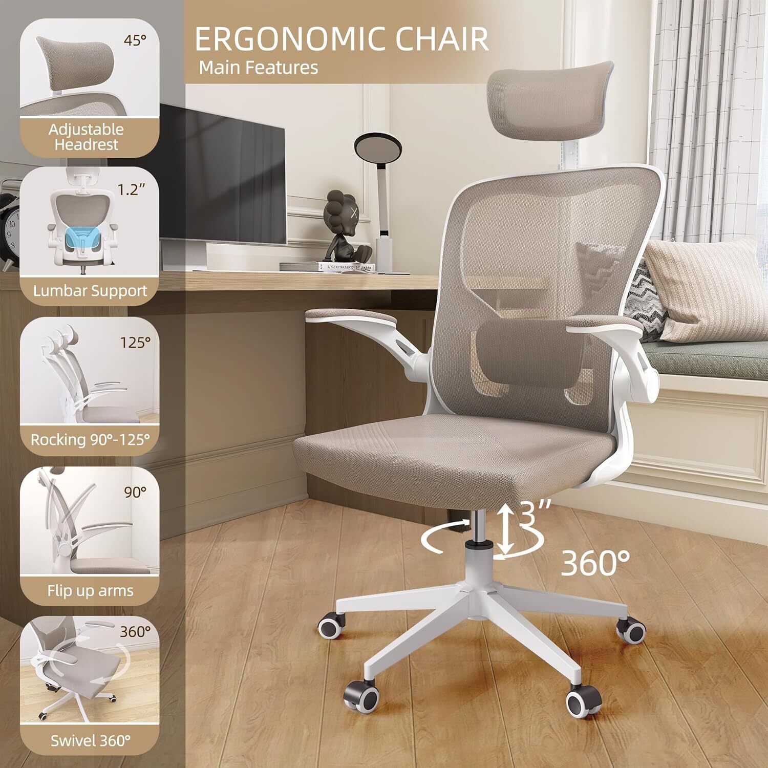 Ergonomic Office Chair Comfort Home Desk Chair Adjustable High Back Mesh Chair Monhey H Beige - фотография #3