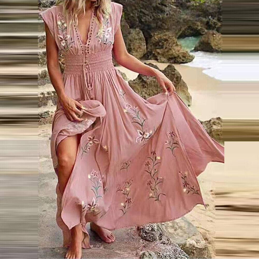 Womens Boho Floral Maxi Dress Ladies V Neck Summer Beach Holiday Long Sundress Unbranded Does Not Apply - фотография #3