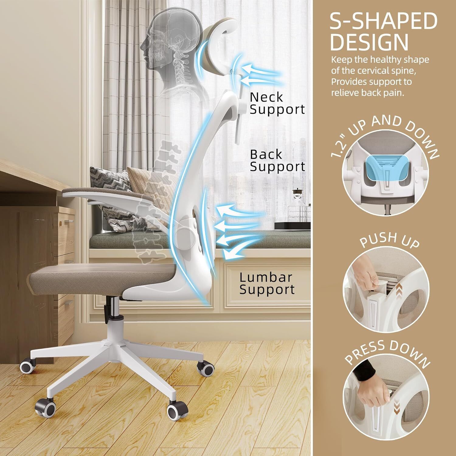 Ergonomic Office Chair Comfort Home Desk Chair Adjustable High Back Mesh Chair Monhey H Beige - фотография #6