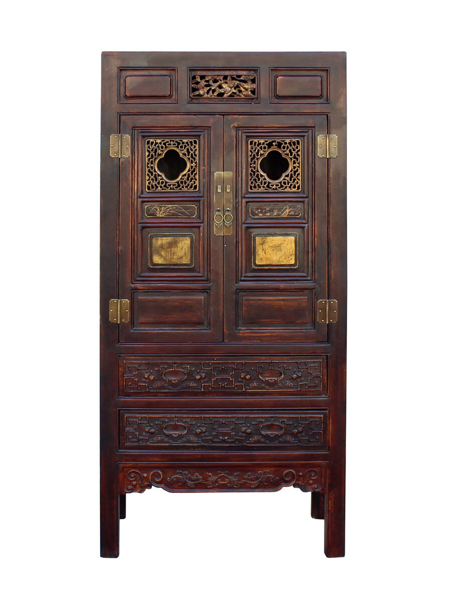 Chinese Fujian Brown Golden Carving Graphic Armoire Storage Cabinet cs2981 Handmade Does Not Apply