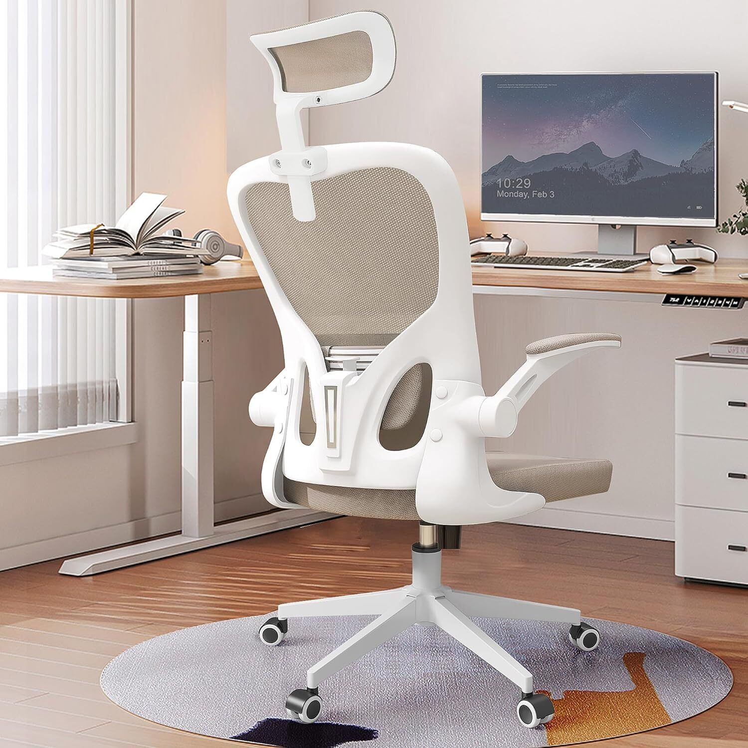 Ergonomic Office Chair Comfort Home Desk Chair Adjustable High Back Mesh Chair Monhey H Beige