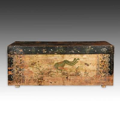 ANTIQUE COFFER LACQUERED PAINTED POPLAR WOOD MONGOLIA CHINESE FURNITURE 19TH C.  Без бренда