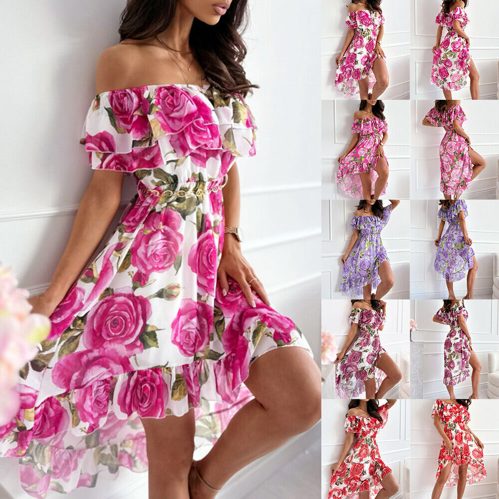 Women Sexy Boho Floral Cold Shoulder Mini Dress Beach Holiday Sundress Size US Unbranded Does Not Apply