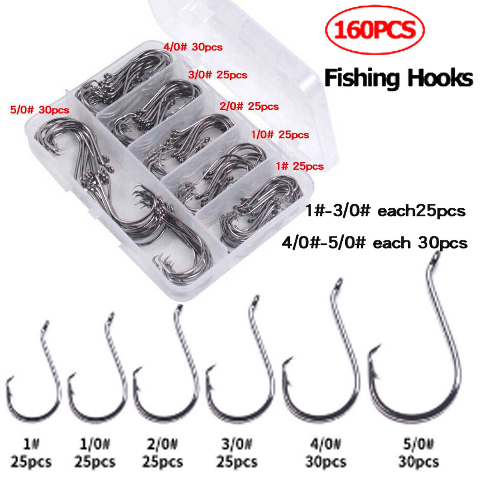 160 Offset Circle Fishing HOOKS W/ Box Black High Carbon Steel Sizes #1-5/0 SNS Does Not Apply