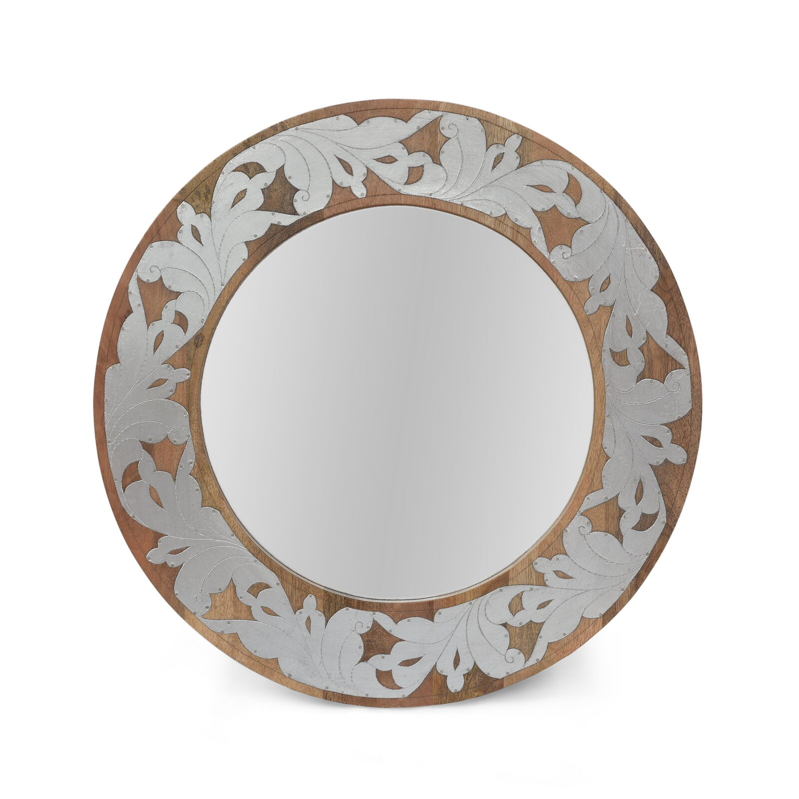 Handcrafted Mango Wood Aluminum Fitted Round Mirror, Natural and Antique Silver Unbranded