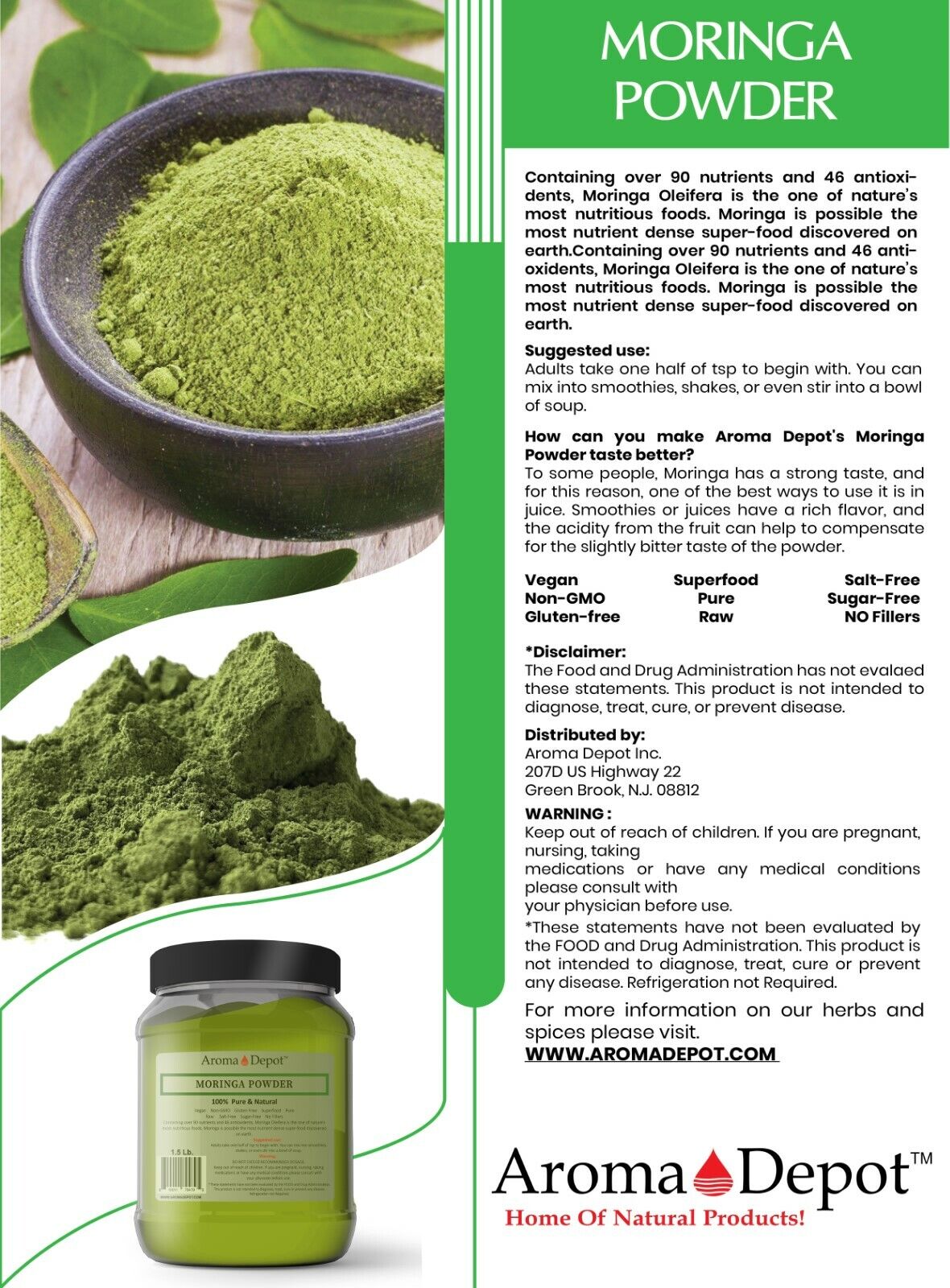 1lb Moringa oleifera Leaf Powder 100% Pure Natural  Superfood Gluten Free Aroma Depot - фотография #4